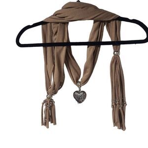 Pendant tassel necklace scarf silver heart beaded tan